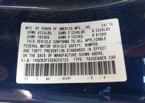 2014 Honda Accord Lx из США, поврежденный, VIN 1HGCR2F30EA205725